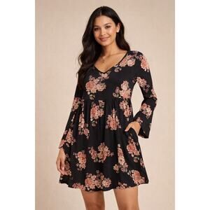 Altar’d State Black Floral Babydoll Dress Long Bell  Sleeve Size S